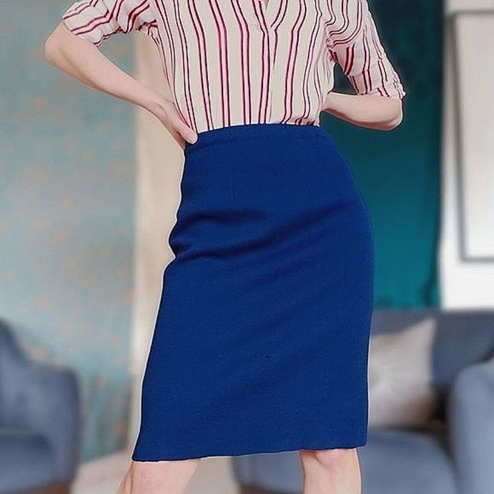 Vtg 60s blue 100% wool pencil skirt